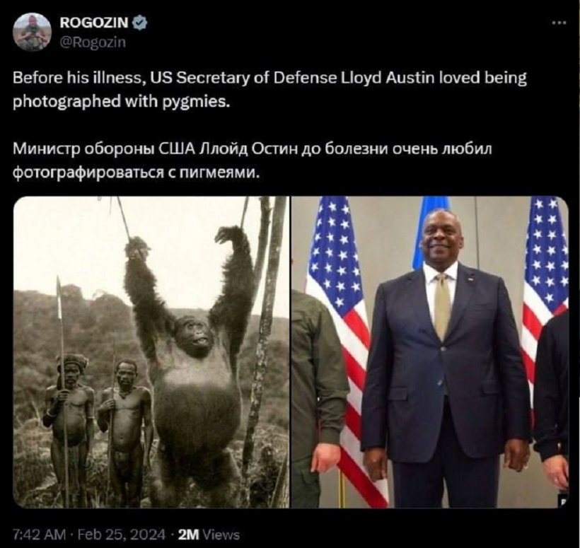 «Обезьяны должны называться обезьянами»: Дмитрий Рогозин сравнил министра обороны США Остина с обезьяной-гориллой в твите