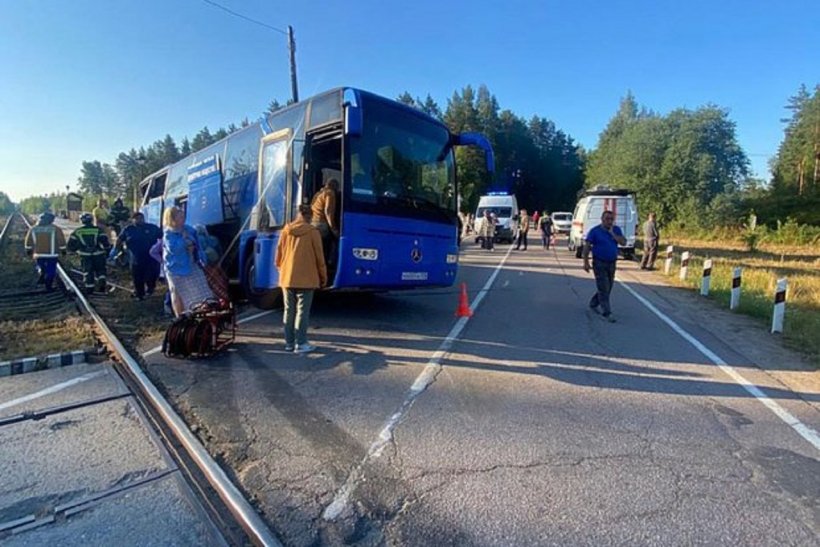 Грузовой поезд протаранил автобус с туристами на переезде в Ленобласти. Пострадали 16 человек